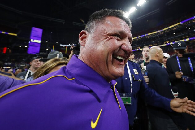 ATLANTA, GEORGIA - DECEMBER 07: Head coach Ed Orgeron of the LSU Tigers celebrates defeating the Georgia Bulldogs 37-10 to win the SEC Championship game at Mercedes-Benz Stadium on December 07, 2019 in Atlanta, Georgia. (Photo by Kevin C. Cox/Getty Images) ATLANTA, GEORGIA - DECEMBER 07: Head coach Ed Orgeron of the LSU Tigers celebrates defeating the Georgia Bulldogs 37-10 to win the SEC Championship game at Mercedes-Benz Stadium on December 07, 2019 in Atlanta, Georgia. (Photo by Kevin C. Cox/Getty Images)
