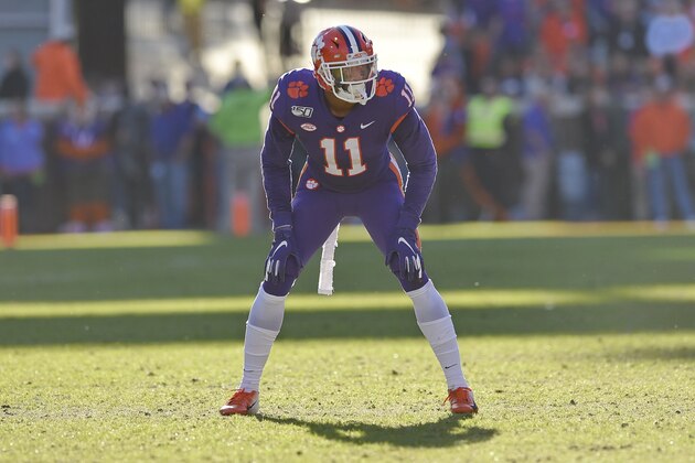 Clemson's Isaiah Simmons waits on the snap during the first half of an NCAA college football game against Wofford Saturday, Nov. 2, 2019, in Clemson, S.C. (AP Photo/Richard Shiro)