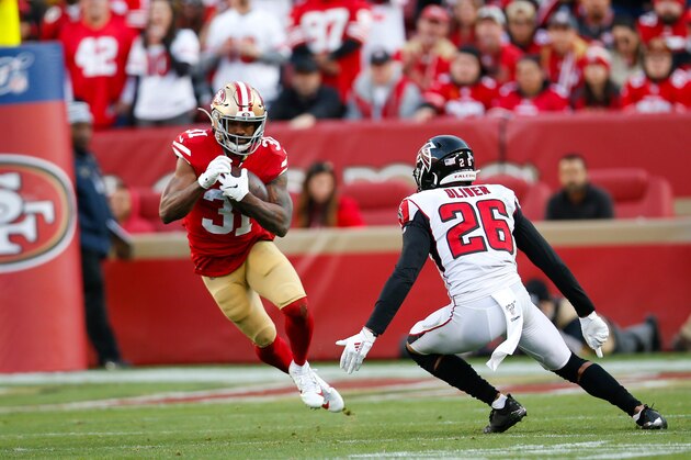 SANTA CLARA, CA - DECEMBER 15: Raheem Mostert #31 of the San Francisco 49ers rushes during the game against the Atlanta Falcons at Levi's Stadium on December 15, 2019 in Santa Clara, California. The Falcons defeated the 49ers 29-22. (Photo by Michael Zagaris/San Francisco 49ers/Getty Images)