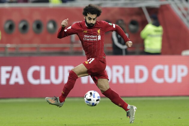 In this Dec. 18, 2019 photo, Liverpool's Mohamed Salah controls the ball during the Club World Cup semifinal soccer match between Liverpool and Monterrey at the Khalifa International Stadium in Doha, Qatar. Liverpool won 2-1. (AP Photo/Hassan Ammar)
