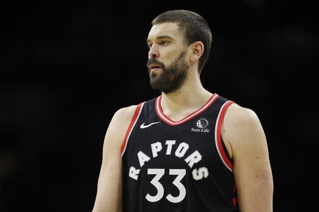 Toronto Raptors' Marc Gasol plays during an NBA basketball game against the Philadelphia 76ers, Sunday, Dec. 8, 2019, in Philadelphia. (AP Photo/Matt Slocum)