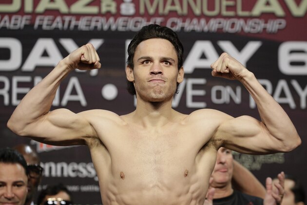 Julio Cesar Chavez Jr. poses for photographers during a weigh-in Friday, May 5, 2017, in Las Vegas. Chavez Jr. is scheduled to fight Canelo Alvarez in a boxing match Saturday in Las Vegas. (AP Photo/John Locher)