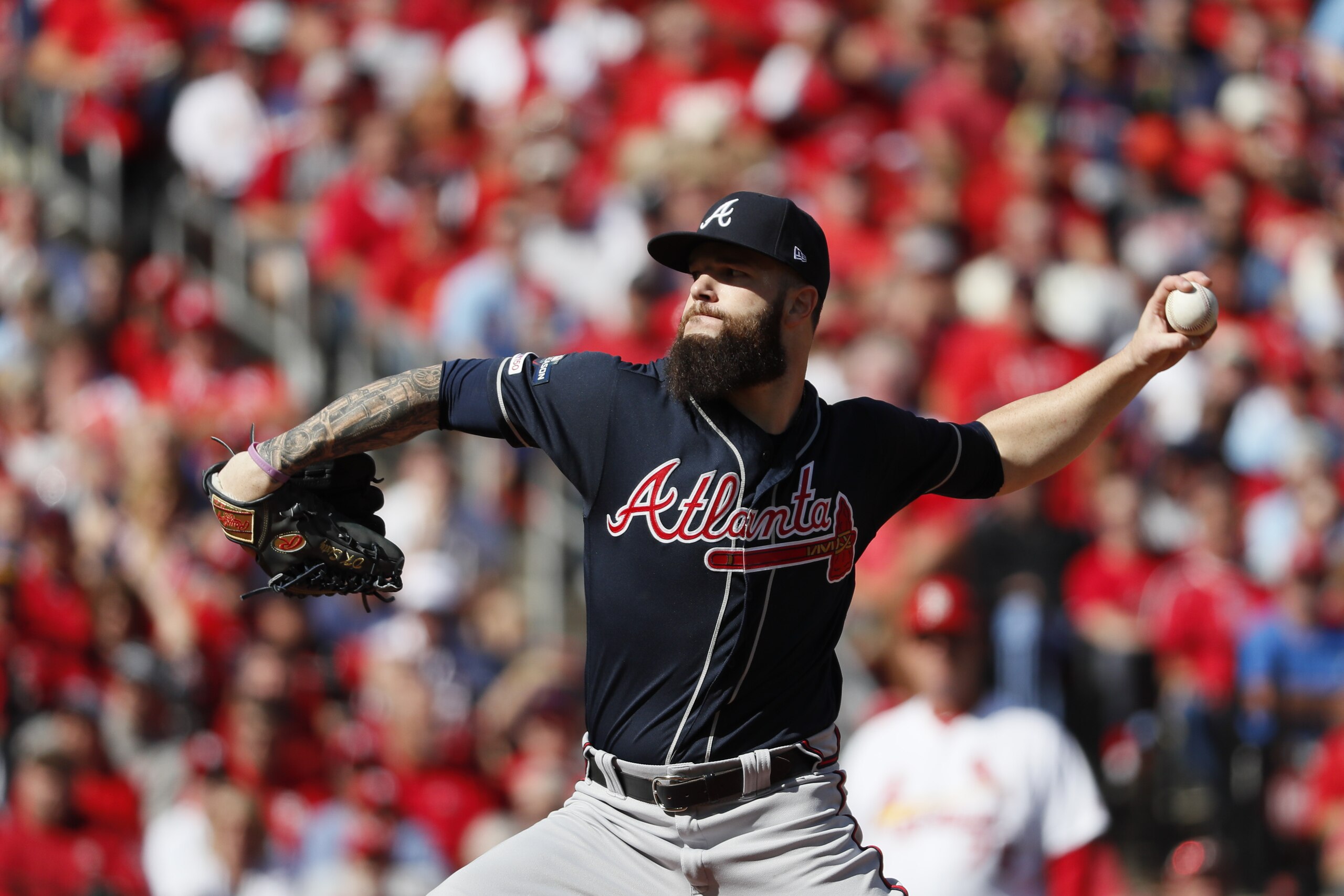 Atlanta Braves starting pitcher Dallas Keuchel throws during the first inning in Game 4 of a baseball National League Division Series against the St. Louis Cardinals, Monday, Oct. 7, 2019, in St. Louis. (AP Photo/Jeff Roberson)