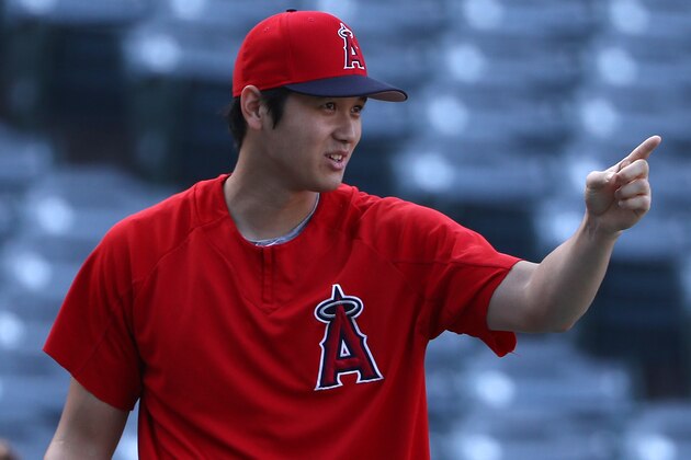 ANAHEIM, CALIFORNIA - SEPTEMBER 10: Shohei Ohtani #17 of the Los Angeles Angels jokes with bench coach Josh Paul #88 (not in photo) during batting practice prior to the MLB game between the Cleveland Indians and the Los Angeles Angels at Angel Stadium of Anaheim on September 10, 2019 in Anaheim, California. The Indians defeated the Angels 8-0. (Photo by Victor Decolongon/Getty Images)