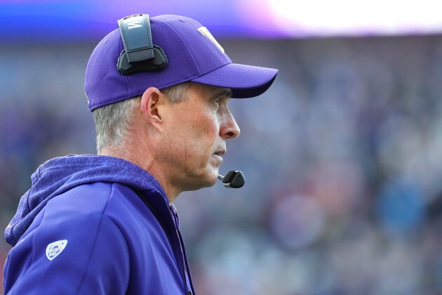 SEATTLE, WASHINGTON - NOVEMBER 29: Head Coach Chris Petersen of the Washington Huskies looks on in the first quarter against the Washington State Cougars during their game at Husky Stadium on November 29, 2019 in Seattle, Washington. (Photo by Abbie Parr/Getty Images)
