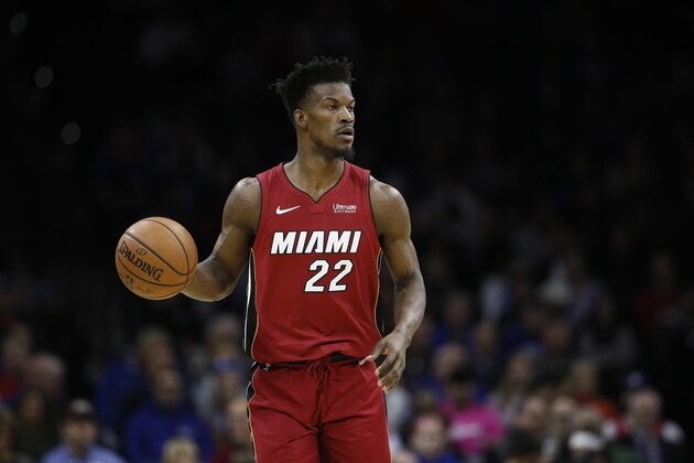 Miami Heat's Jimmy Butler plays during an NBA basketball game against the Philadelphia 76ers, Wednesday, Dec. 18, 2019, in Philadelphia. (AP Photo/Matt Slocum)
