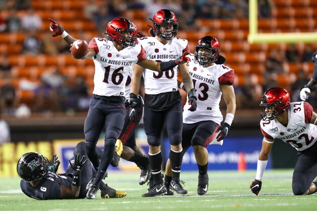 HONOLULU, HI - NOVEMBER 23: Luq Barcoo #16 of the San Diego State Aztecs reacts after intercepting a pass during the second quarter of the game against the Hawaii Rainbow Warriors at Aloha Stadium on November 23, 2019 in Honolulu, Hawaii. (Photo by Darryl Oumi/Getty Images)