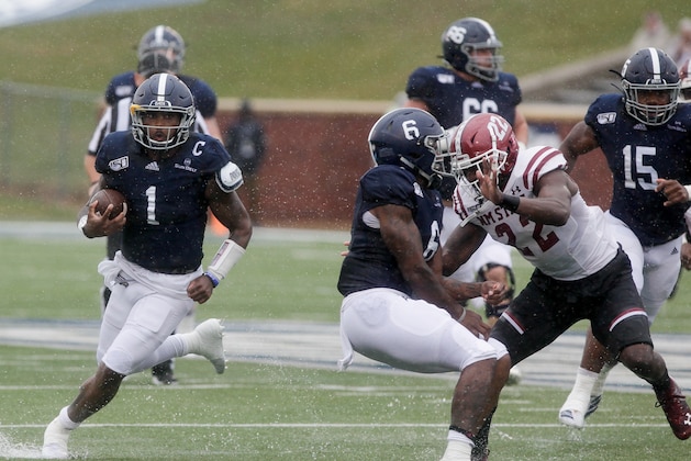 STATESBORO, GA - OCTOBER 26: Shai Werts #1 of the Georgia Southern Eagles moves the ball on keeper in the first quarter against the New Mexico State Aggies at Paulson Stadium on October 26, 2019 in Statesboro, Georgia. (Photo by Chris Thelen/Getty Images)
