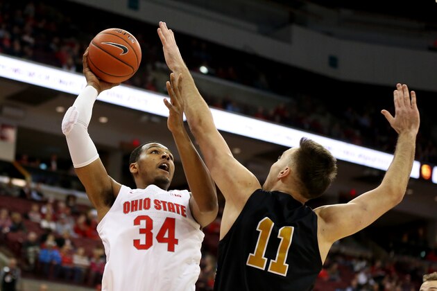 COLUMBUS, OHIO - NOVEMBER 22: Kaleb Wesson #34 of the Ohio State Buckeyes takes a shot while being defended by Dylan Carl #11 of the Purdue Fort Wayne Mastadons during the first half at Value City Arena on November 22, 2019 in Columbus, Ohio. (Photo by Justin Casterline/Getty Images)