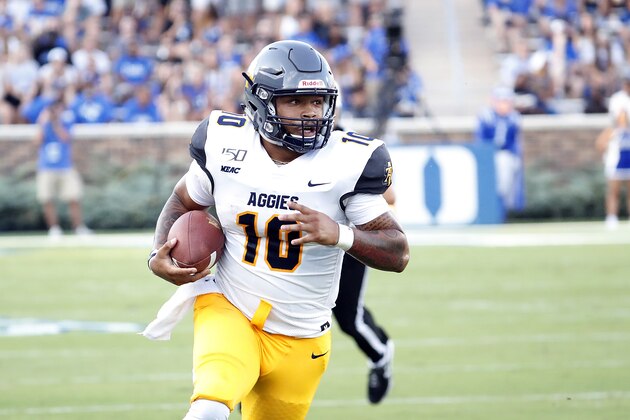 North Carolina A&T's Kylil Carter (10) carries the ball against the Duke during the first half of an NCAA college football game in Durham, N.C., Saturday, Sept. 7, 2019. (AP Photo/Karl B DeBlaker)