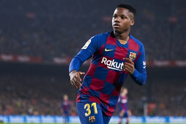 BARCELONA, SPAIN - DECEMBER 18: Anssumane Fati of FC Barcelona looks on during the Liga match between FC Barcelona and Real Madrid CF at Camp Nou on December 18, 2019 in Barcelona, Spain. (Photo by Quality Sport Images/Getty Images)