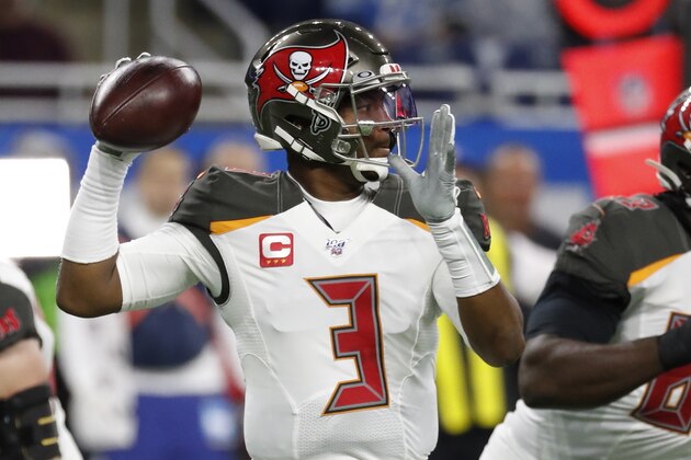 Tampa Bay Buccaneers quarterback Jameis Winston throws during the first half of an NFL football game against the Detroit Lions, Sunday, Dec. 15, 2019, in Detroit. (AP Photo/Rick Osentoski)