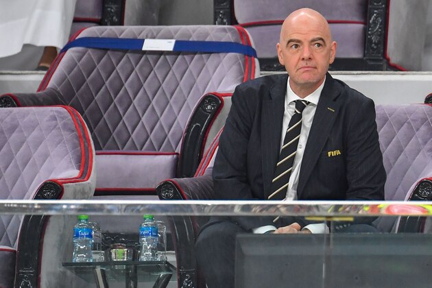FIFA President Gianni Infantino attends the 2019 FIFA Club World Cup semi-final football match between Brazil's Flamengo and Saudi's al-Hilal at the Khalifa International Stadium in the Qatari capital Doha on December 17, 2019. (Photo by Giuseppe CACACE / AFP) (Photo by GIUSEPPE CACACE/AFP via Getty Images)