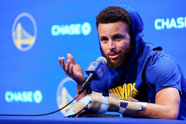 SAN FRANCISCO, CALIFORNIA - NOVEMBER 11: Stephen Curry #30 of the Golden State Warriors speaks to the media during a press conference prior to the game against the Utah Jazz at Chase Center on November 11, 2019 in San Francisco, California. NOTE TO USER: User expressly acknowledges and agrees that, by downloading and/or using this photograph, user is consenting to the terms and conditions of the Getty Images License Agreement. (Photo by Daniel Shirey/Getty Images)