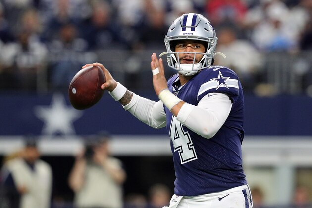 ARLINGTON, TEXAS - DECEMBER 15: Dak Prescott #4 of the Dallas Cowboys passes against the Los Angeles Rams in the third quarter at AT&T Stadium on December 15, 2019 in Arlington, Texas. (Photo by Richard Rodriguez/Getty Images)