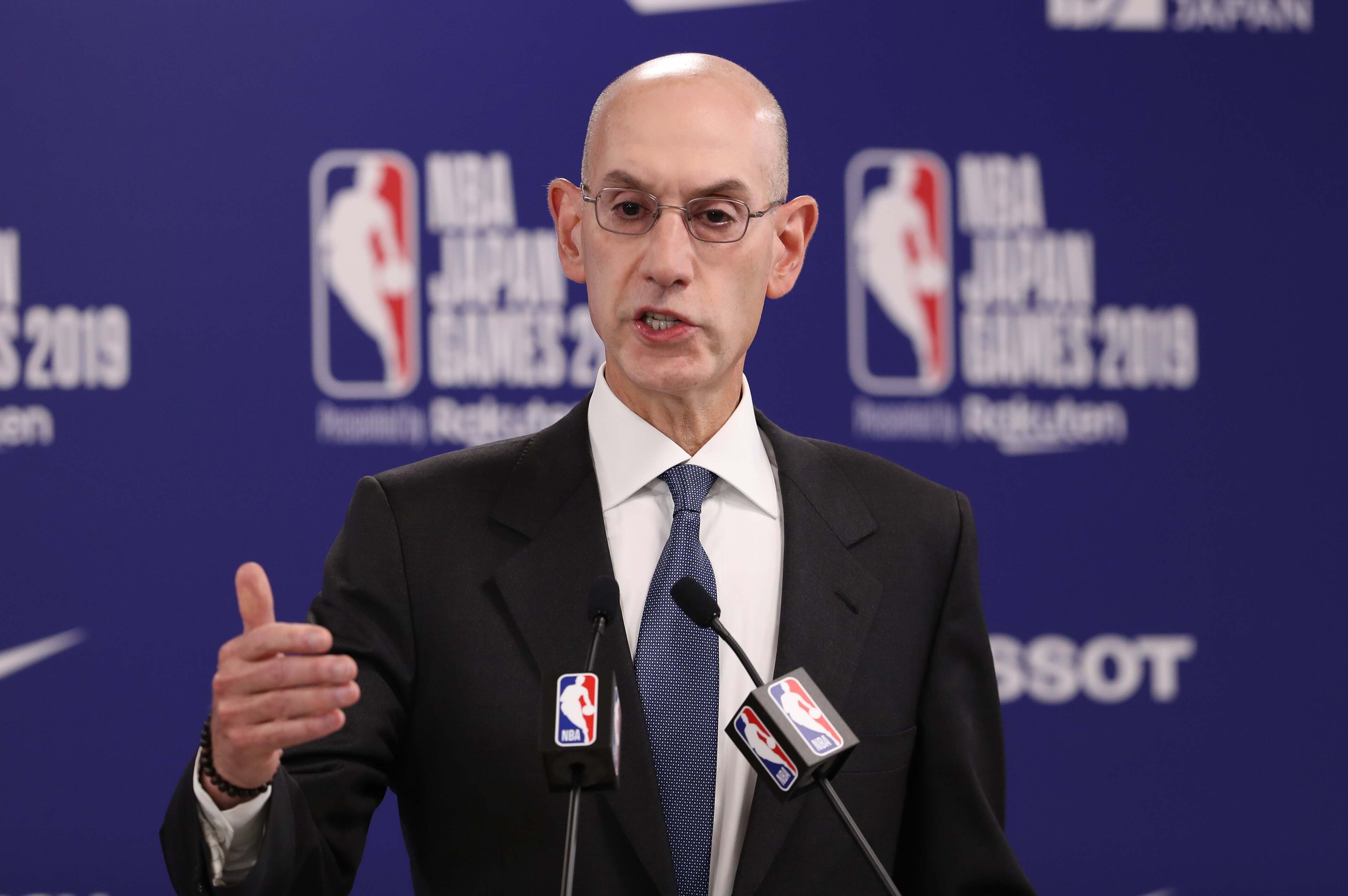 SAITAMA, JAPAN - OCTOBER 08: Commissioner of the National Basketball Association (NBA) Adam Silver speaks during a press conference prior to the preseason game between Houston Rockets and Toronto Raptors at Saitama Super Arena on October 08, 2019 in Saitama, Japan. NOTE TO USER: User expressly acknowledges and agrees that, by downloading and/or using this photograph, user is consenting to the terms and conditions of the Getty Images License Agreement.
(Photo by Takashi Aoyama/Getty Images) SAITAMA, JAPAN - OCTOBER 08: Commissioner of the National Basketball Association (NBA) Adam Silver speaks during a press conference prior to the preseason game between Houston Rockets and Toronto Raptors at Saitama Super Arena on October 08, 2019 in Saitama, Japan. NOTE TO USER: User expressly acknowledges and agrees that, by downloading and/or using this photograph, user is consenting to the terms and conditions of the Getty Images License Agreement.
(Photo by Takashi Aoyama/Getty Images)