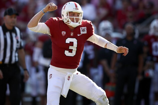 PALO ALTO, CALIFORNIA - OCTOBER 26:  K.J. Costello #3 of the Stanford Cardinal reacts after he thought the Cardinal scored a touchdown in the fourth quarter against the Arizona Wildcats at Stanford Stadium on October 26, 2019 in Palo Alto, California. The ball was ruled down on the one yard line on the play. (Photo by Ezra Shaw/Getty Images)