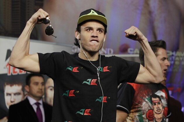 Julio Cesar Chavez Jr. reacts during a weigh-in Friday, May 5, 2017, in Las Vegas. Chavez Jr. is scheduled to fight Canelo Alvarez in a catch weight boxing match Saturday in Las Vegas. (AP Photo/John Locher)