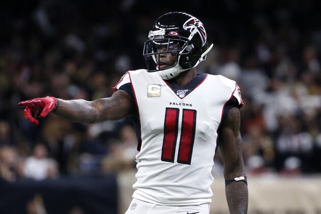 Atlanta Falcons wide receiver Julio Jones (11) calls out from the line of scrimmage in the first half of an NFL football game against the New Orleans Saints in New Orleans, Sunday, Nov. 10, 2019. (AP Photo/Butch Dill) Atlanta Falcons wide receiver Julio Jones (11) calls out from the line of scrimmage in the first half of an NFL football game against the New Orleans Saints in New Orleans, Sunday, Nov. 10, 2019. (AP Photo/Butch Dill)