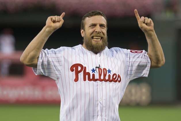 PHILADELPHIA, PA - SEPTEMBER 12: WWE wrestler Daniel Bryan reacts after throwing out the first pitch prior to the game between the Pittsburgh Pirates and Philadelphia Phillies at Citizens Bank Park on September 12, 2016 in Philadelphia, Pennsylvania. (Photo by Mitchell Leff/Getty Images)