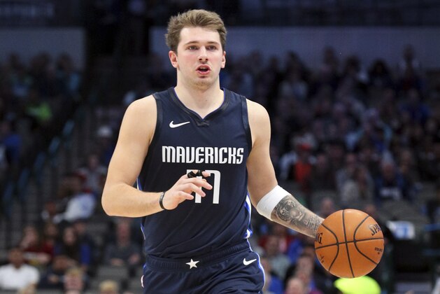Dallas Mavericks forward Luka Doncic (77) dribbles the ball down the court in an NBA basketball game against the Minnesota Timberwolves Wednesday, Dec. 4, 2019, in Dallas. (AP Photo/Richard W. Rodriguez)