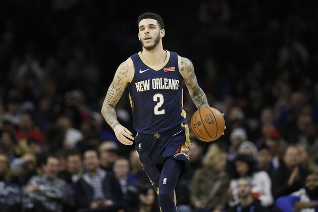 New Orleans Pelicans' Lonzo Ball plays during an NBA basketball game against the Philadelphia 76ers, Friday, Dec. 13, 2019, in Philadelphia. (AP Photo/Matt Slocum)