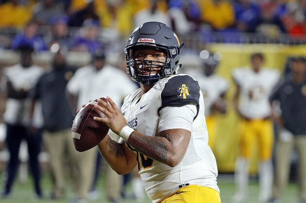 North Carolina A&T's Kylil Carter (10) looks to pass the ball against the Duke during the second half of an NCAA college football game in Durham, N.C., Saturday, Sept. 7, 2019. (AP Photo/Karl B DeBlaker) North Carolina A&T's Kylil Carter (10) looks to pass the ball against the Duke during the second half of an NCAA college football game in Durham, N.C., Saturday, Sept. 7, 2019. (AP Photo/Karl B DeBlaker)