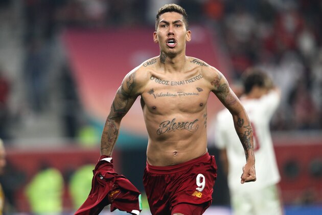 DOHA, QATAR - DECEMBER 21: Roberto Firmino of Liverpool celebrates after scoring a goal to make it 1-0 during the FIFA Club World Cup Qatar 2019 Final match between Liverpool FC and CR Flamengo at Khalifa International Stadium on December 21, 2019 in Doha, Qatar. (Photo by Matthew Ashton - AMA/Getty Images)