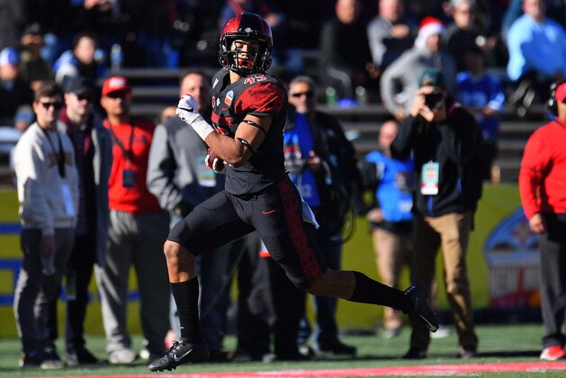 ALBUQUERQUE, NEW MEXICO - DECEMBER 21:  Wide receiver Jesse Matthews #45 of the San Diego State Aztecs scores a touchdown against the Central Michigan Chippewas during the New Mexico Bowl at Dreamstyle Stadium on December 21, 2019 in Albuquerque, New Mexico.  (Photo by Sam Wasson/Getty Images)