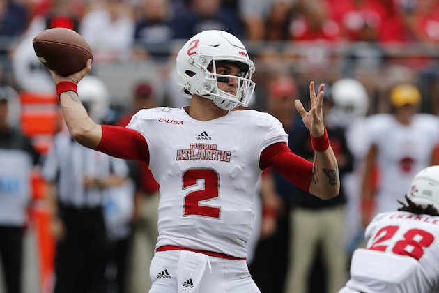 Florida Atlantic quarterback Chris Robison throws a pass against Ohio State during the first half of an NCAA college football game Saturday, Aug. 31, 2019, in Columbus, Ohio. (AP Photo/Jay LaPrete)