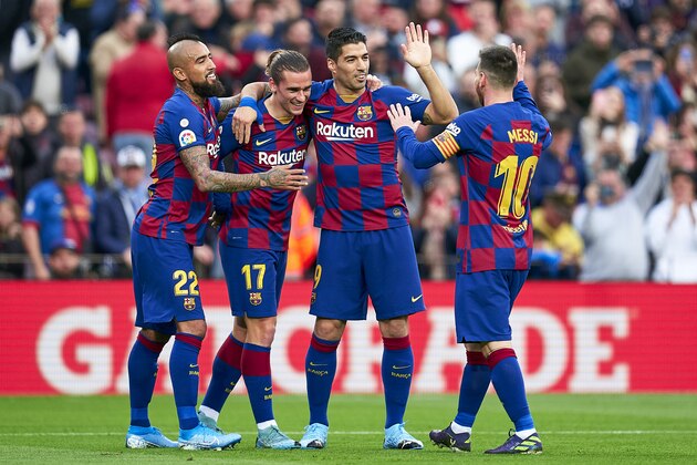 BARCELONA, SPAIN - DECEMBER 21: Antoine Griezmann of FC Barcelona celebrates their team's first goal during the Liga match between FC Barcelona and Deportivo Alaves at Camp Nou on December 21, 2019 in Barcelona, Spain. (Photo by Quality Sport Images/Getty Images)