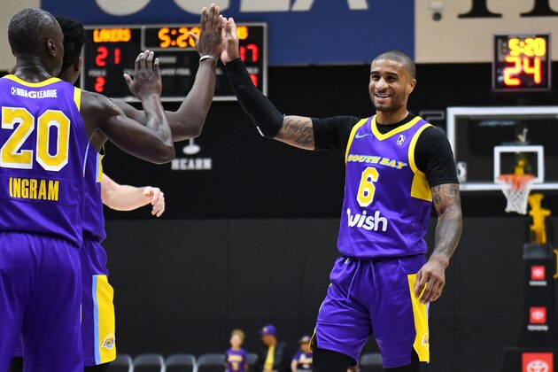 EL SEGUNDO, CA - DECEMBER 13: Gary Payton II #6 of the South Bay Lakers celebrates during the game against the Northern Arizona Suns on December 13, 2019 at UCLA Heath Training Center in El Segundo, California. NOTE TO USER: User expressly acknowledges and agrees that, by downloading and or using this photograph, User is consenting to the terms and conditions of the Getty Images License Agreement. Mandatory Copyright Notice: Copyright 2019 NBAE (Photo by Adam Pantozzi/NBAE via Getty Images)