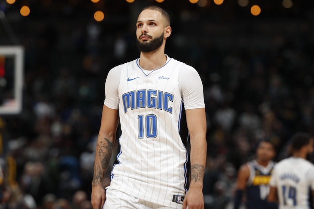 Orlando Magic guard Evan Fournier (10) in the second half of an NBA basketball game Wednesday, Dec. 18, 2019, in Denver. The Nuggets won 113-104. (AP Photo/David Zalubowski)