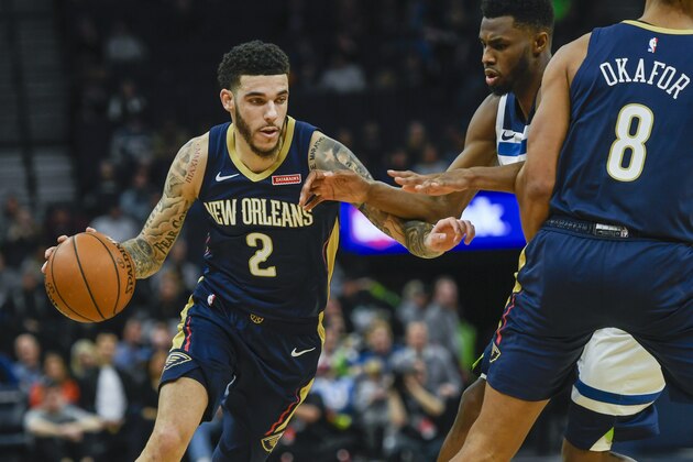 New Orleans Pelicans guard Lonzo BallÂ drives the basket against the Minnesota Timberwolves during the second half of an NBA basketball game Wednesday, Dec. 18, 2019, in Minneapolis. The Pelicans won 107-99. (AP Photo/Craig Lassig)