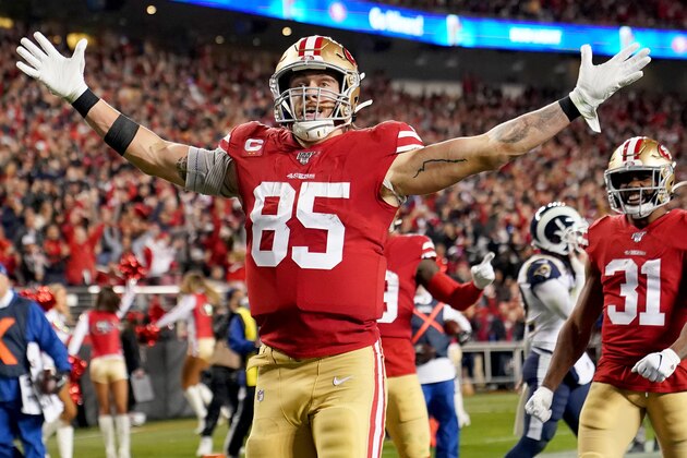 SANTA CLARA, CALIFORNIA - DECEMBER 21: Tight end George Kittle #85 of the San Francisco 49ers celebrates his fourth quarter touchdown over the Los Angeles Rams at Levi's Stadium on December 21, 2019 in Santa Clara, California. (Photo by Thearon W. Henderson/Getty Images)