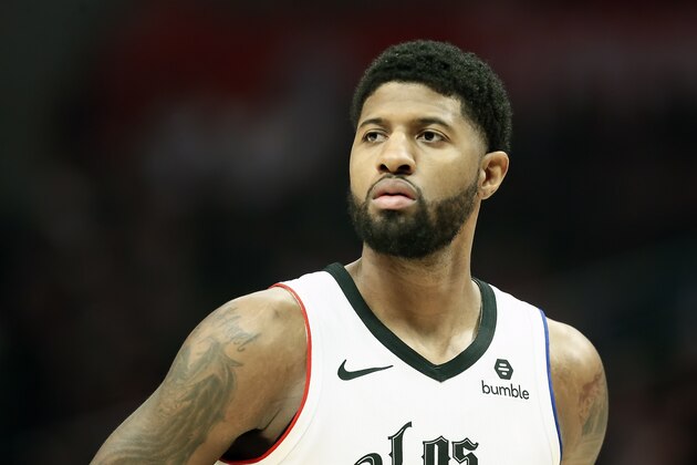 LOS ANGELES, CA - DECEMBER 19: Paul George #13 of the LA Clippers looks on during the game against the Houston Rockets on December 19, 2019 at STAPLES Center in Los Angeles, California. NOTE TO USER: User expressly acknowledges and agrees that, by downloading and/or using this Photograph, user is consenting to the terms and conditions of the Getty Images License Agreement. Mandatory Copyright Notice: Copyright 2019 NBAE (Photo by Chris Elise/NBAE via Getty Images)