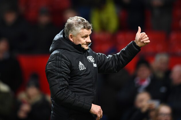 MANCHESTER, ENGLAND - DECEMBER 18: Ole Gunnar Solskjaer, Manager of Manchester United reacts following his sides victory in the Carabao Cup Quarter Final match between Manchester United and Colchester United at Old Trafford on December 18, 2019 in Manchester, England. (Photo by Clive Mason/Getty Images)