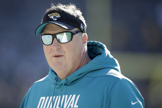 Jacksonville Jaguars head coach Doug Marrone before the start of an NFL football game in Oakland, Calif., Sunday, Dec. 15, 2019. (AP Photo/Ben Margot)
