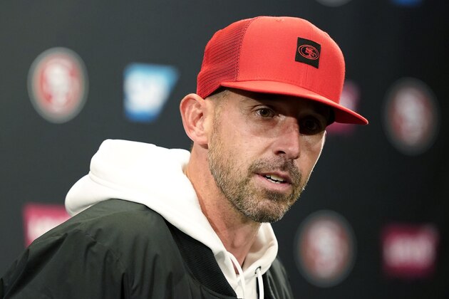 San Francisco 49ers coach Kyle Shanahan speaks at a news conference after the 49ers defeated the Los Angeles Rams in an NFL football game in Santa Clara, Calif., Saturday, Dec. 21, 2019. (AP Photo/Tony Avelar)