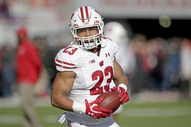 Wisconsin running back Jonathan Taylor (23) warms up before an NCAA college football game against Nebraska in Lincoln, Neb., Saturday, Nov. 16, 2019. (AP Photo/Nati Harnik)