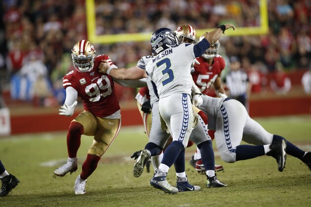 SANTA CLARA, CA - NOVEMBER 11: Russell Wilson #3 of the Seattle Seahawks passes during the game against the San Francisco 49ers at Levi's Stadium on November 11, 2019 in Santa Clara, California. The Seahawks defeated the 49ers 27-24. (Photo by Michael Zagaris/San Francisco 49ers/Getty Images)