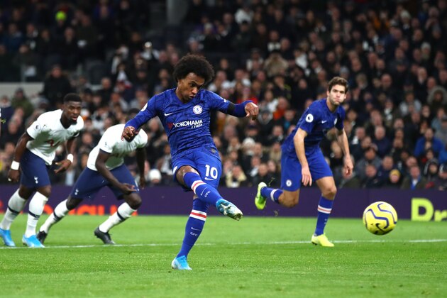 LONDON, ENGLAND - DECEMBER 22: Willian of Chelsea scores his sides second goal   during the Premier League match between Tottenham Hotspur and Chelsea FC at Tottenham Hotspur Stadium on December 22, 2019 in London, United Kingdom. (Photo by Julian Finney/Getty Images)