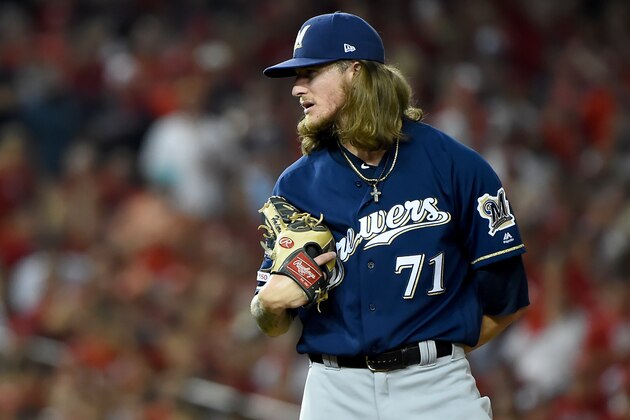 WASHINGTON, DC - OCTOBER 01: Josh Hader #71 of the Milwaukee Brewers pitches against the Washington Nationals during the National League Wild Card game at Nationals Park on October 1, 2019 in Washington, DC. (Photo by Will Newton/Getty Images)