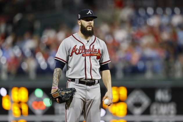 Atlanta Braves' Dallas Keuchel in action during a baseball game against the Philadelphia Phillies, Wednesday, Sept. 11, 2019, in Philadelphia. (AP Photo/Matt Slocum)