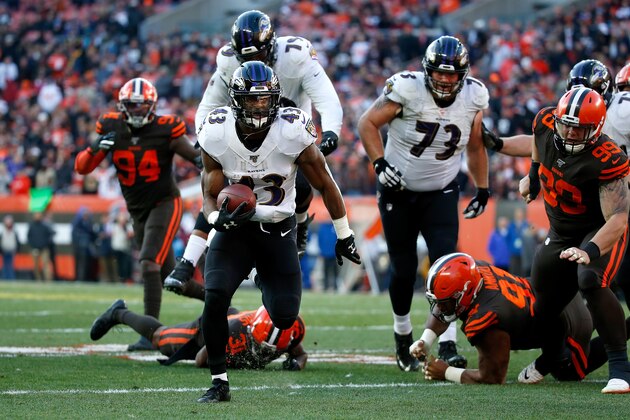 CLEVELAND, OH - DECEMBER 22:  Justice Hill #43 of the Baltimore Ravens runs for a touchdown during the fourth quarter of the game against the Cleveland Browns at FirstEnergy Stadium on December 22, 2019 in Cleveland, Ohio. Baltimore defeated Cleveland 31-15. (Photo by Kirk Irwin/Getty Images)