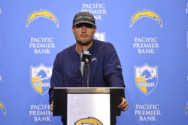 Los Angeles Chargers quarterback Philip Rivers speaks during a news conference after an NFL football game Oakland Raiders Sunday, Dec. 22, 2019, in Carson, Calif. The Raiders won 24-17. (AP Photo/Kelvin Kuo)