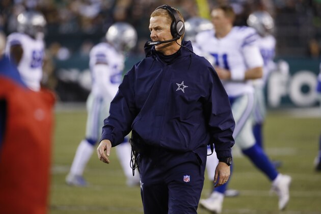 Dallas Cowboys head coach Jason Garrett walks the sideline during the first half of an NFL football game against the Philadelphia Eagles Sunday, Dec. 22, 2019, in Philadelphia. (AP Photo/Chris Szagola)