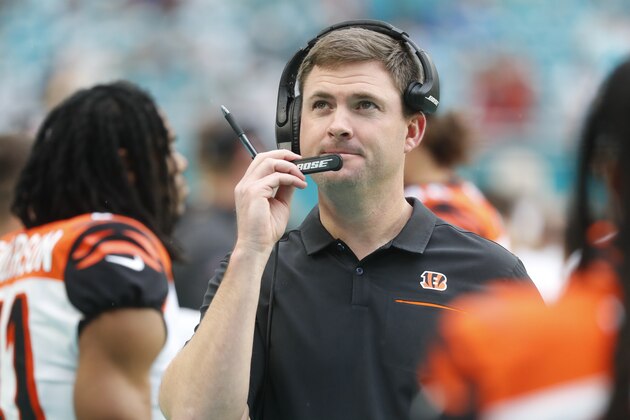 Cincinnati Bengals head coach Zac Taylor looks up, during the first half at an NFL football game against the Miami Dolphins, Sunday, Dec. 22, 2019, in Miami Gardens, Fla. (AP Photo/Wilfredo Lee)
