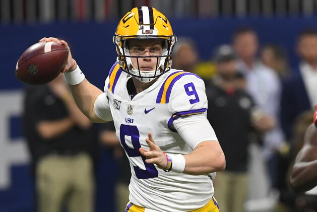 LSU quarterback Joe Burrow (9) works in the pocket against Georgia during the first half of the Southeastern Conference championship NCAA college football game, Saturday, Dec. 7, 2019, in Atlanta. (AP Photo/John Amis)