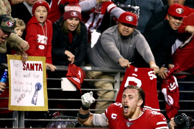 SANTA CLARA, CALIFORNIA - DECEMBER 21: Tight end George Kittle #85 of the San Francisco 49ers celebrates after the 34-31 win over the Los Angeles Rams at Levi's Stadium on December 21, 2019 in Santa Clara, California. (Photo by Ezra Shaw/Getty Images)